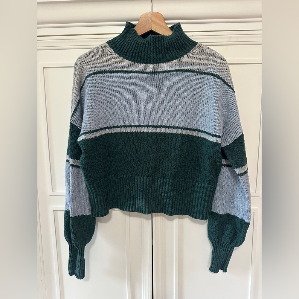 AE Striped Blue & Green Mockneck Balloon Sleeve Sweater